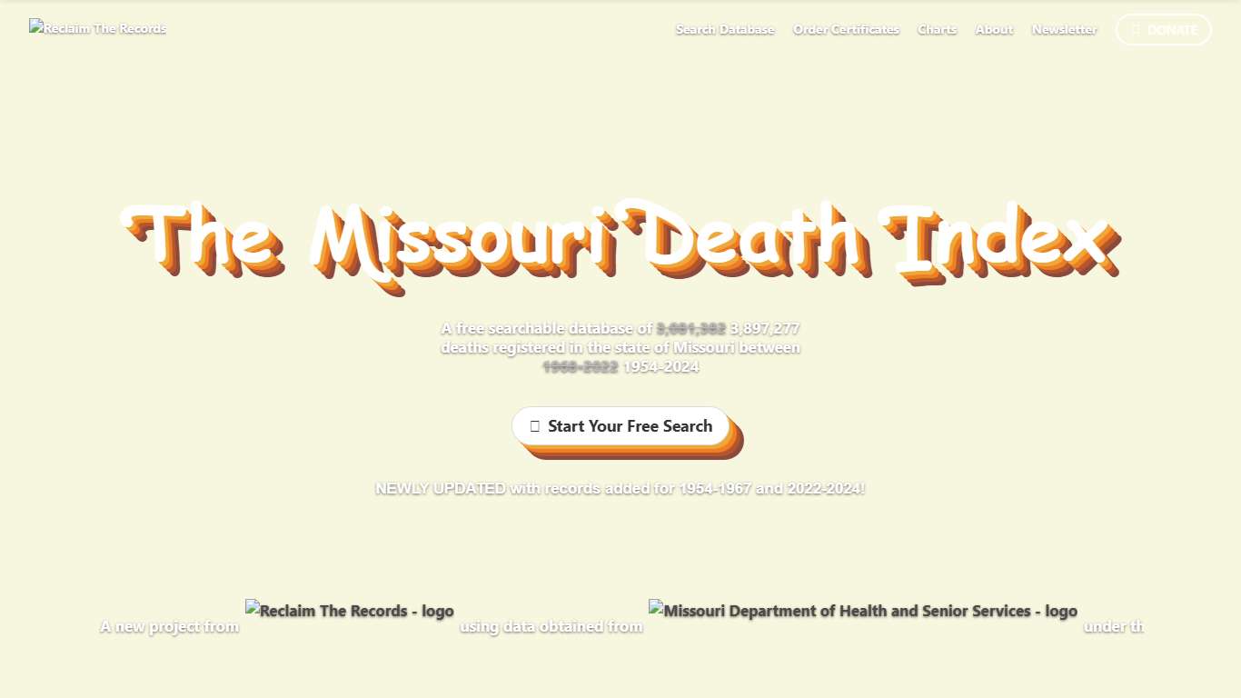 The Missouri Death Index // Free searchable database of 3,897,277 deaths in the state of Missouri between 1954-2024. Presented by Reclaim The Records